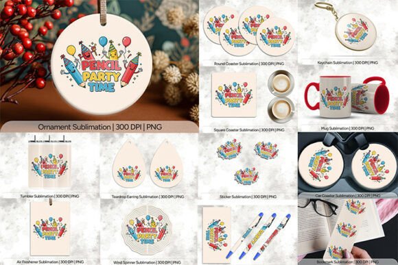 Pencil Party Time School Sublimation PNG