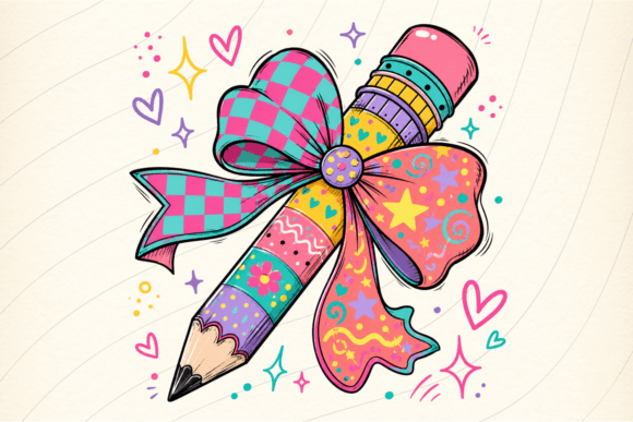 Teacher Pencil Coquette Bow PNG