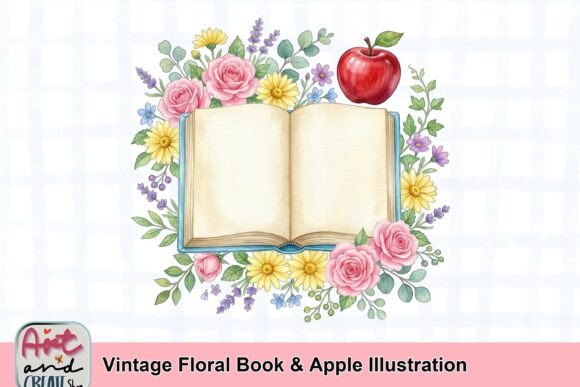Vintage Floral Book Apple Illustration